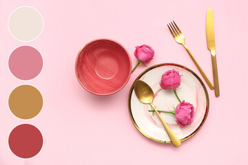 Stylish table setting with beautiful rose flowers on pink background