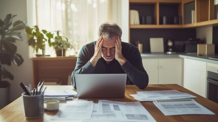 Retirement financial stress in a spacious study. Featuring concern and anxiety