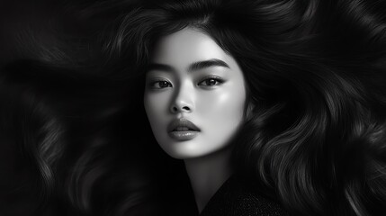 Naklejka premium Asian Hair Model for Advertising Hair Care. A captivating portrait in black and white.