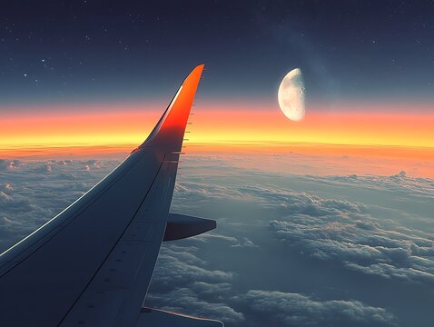 Airplane wing sunset clouds moon view