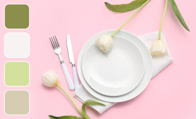 Stylish table setting with beautiful tulip flowers on pink background