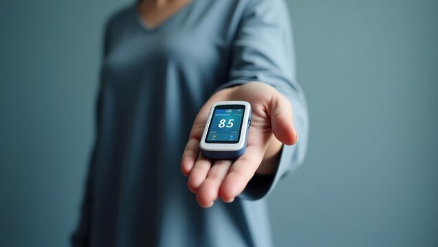 Continuous glucose monitor. Woman is holding smart phone in her hand