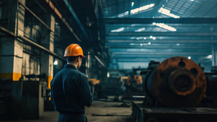 Fototapeta premium Worker in Hard Hat Examining Machinery in Industrial Factory Setting