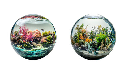 Set of glass balls with underwater world inside, decorative aquarium on transparent background. PNG concept for Earth Day, Underwater Day, Seagrass Day