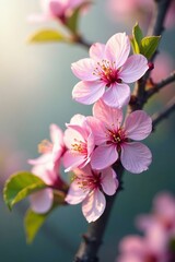 Obraz premium Close-up of light pink blossoms on a branch with green leaves, botany, soft, fresh