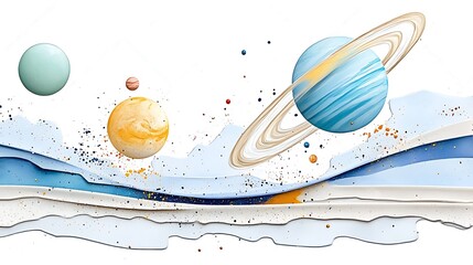 Celestial exploration planets and waves digital art abstract whimsical