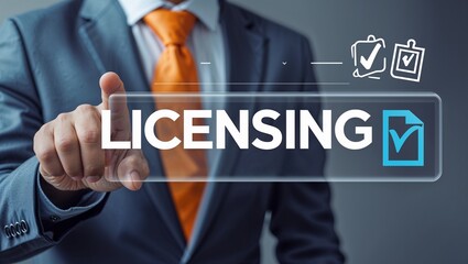 Business man using virtual touch interface presses word: LICENSING. License agreement business technology concept. Copyright protection law license property  