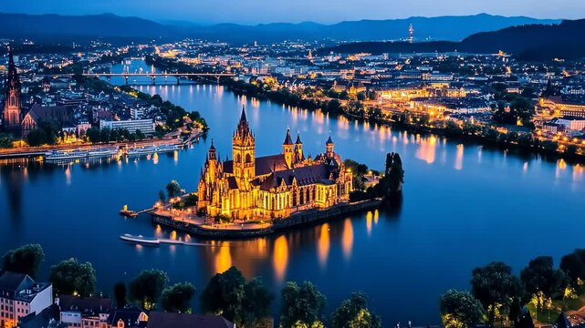 Aerial view of Mannheim, Germany at night showcasing illuminated buildings and the calm river, mannheim germany aerial night