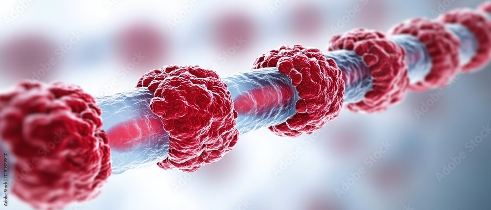 Poster cancer prevention innovation concepts. 3d rendering of molecular structure with red and blue element