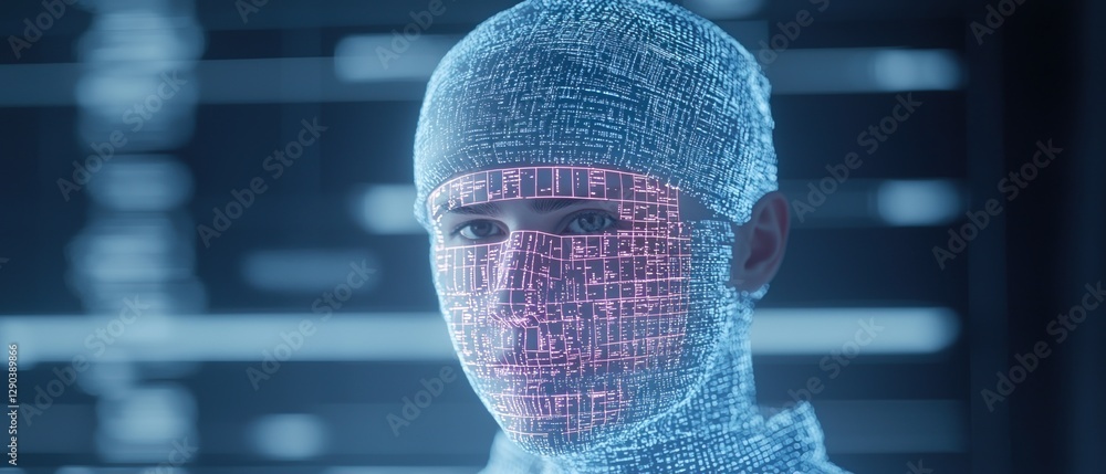 Poster cancer prevention innovation concepts. digital humanoid figure with glowing data patterns and futuri