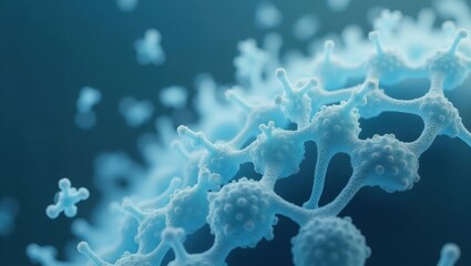 Fototapeta premium nanoplastics. Microbiome Self healing process Enzyme cleaner hydrogel micellar EVALI Capstan Therapeutics Micropore ImmunityBio fibroblast Blue microscopic virus cells close-up, science concept, medi