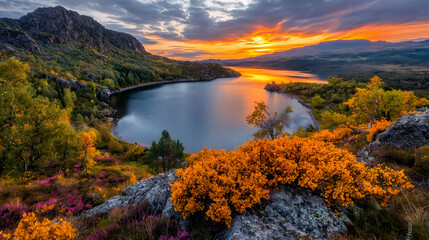 Obraz premium Autumn sunset over mountain lake, colorful foliage