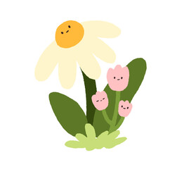 Cute fairytale flowers. Fantasy nature, fiction floral character growing in spring field. Adorable chamomile with face, petals. Kids childish flat vector illustration isolated on white background