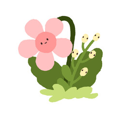 Cute flower character with happy smiling face, floral head. Fairytale nature, fiction plant. Spring fairy tale daisy. Whimsical fantasy, kids flat vector illustration isolated on white background