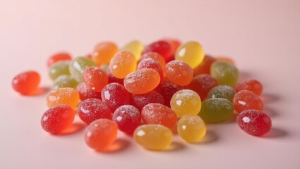 Sleep gummies. Colorful jelly beans close-up on pink background, sweet