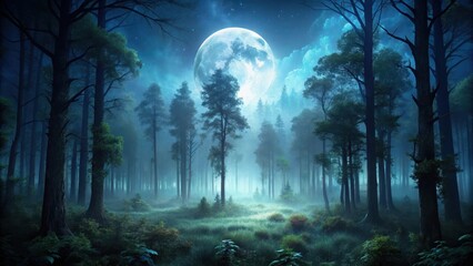 Fototapeta premium A dark forest with a full moon casting an eerie glow on the trees and underbrush, full moon, eerie, full moon, eerie