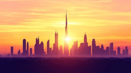 Fototapeta premium Dubai Skyline Sunset Silhouette