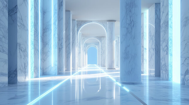 Futuristic marble corridor with glowing blue light strips and abstract columns