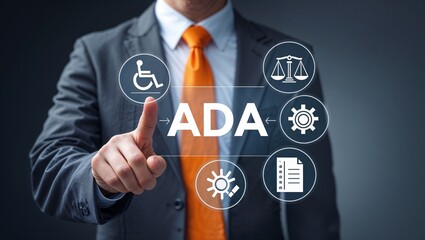 Business man working on virtual touch screen presses abbreviation: ADA. ADA Americans with Disabilities Act concept
