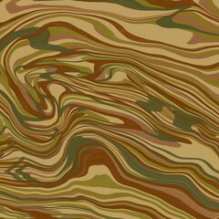 Abstract design featuring swirling patterns in earthy tones of brown, green, and beige. The fluid lines create a sense of movement, resembling natural formations like wood grain or camouflage.
