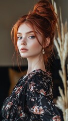 Fototapeta premium Asian Hair Model for Advertising Hair Care. Elegant woman with red hair in floral dress.