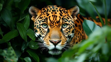Obraz premium Majestic Jaguar with Emerald Eyes in Dense Tropical Jungle