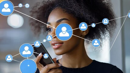 Connecting through technology in a digital network with a young woman in a modern setting, network of connections with icons over african american female doctor - Powered by Adobe