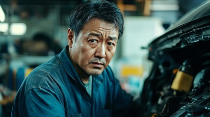 Obraz premium Weathered Asian Male Mechanic Working Under Car Hood in Garage