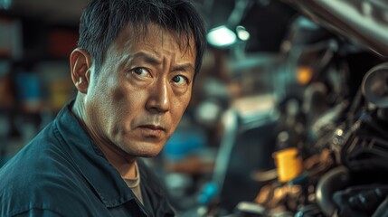 Middle-Aged Asian Male Mechanic with Weathered Face in Garage