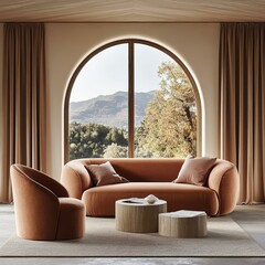 Modern Living Room with Arch Window and Wooden Furniture