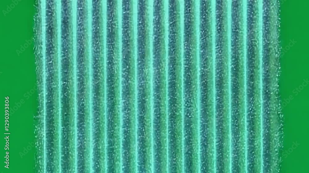 Poster turquoise metallic surface undulating with grid pattern spreading across green screen, serving visua