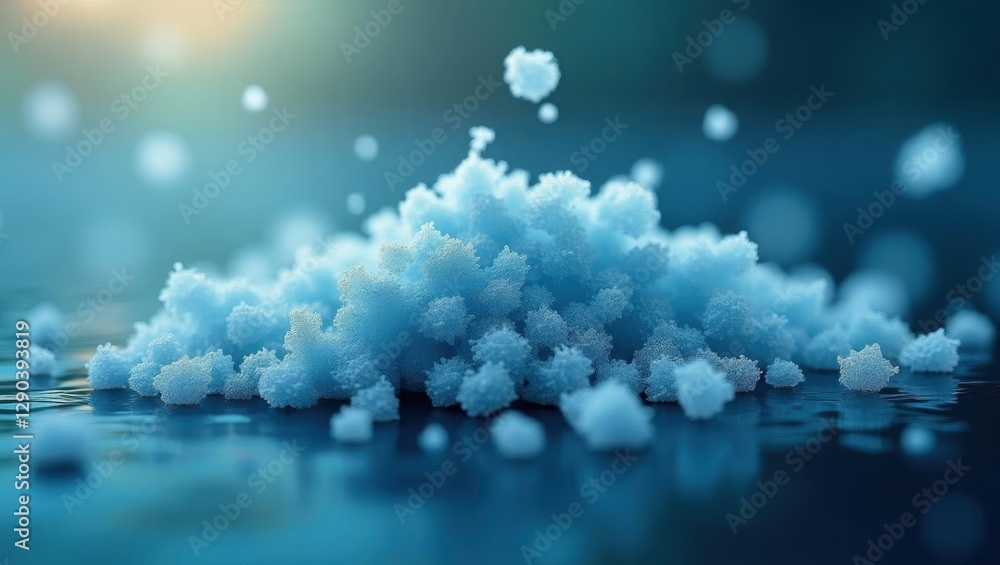 Poster nanoplastics. blue abstract 3d particles cluster with soft glowing light effect, digital technology 