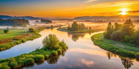 Obraz premium Softly glowing sunrise over misty Snohomish River Delta in Everett Washington state with lush greenery and serene landscape, snohomish river delta, landscape
