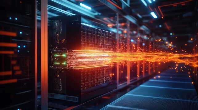 A massive quantum computer processing complex algorithms, glowing energy streams surrounding it
