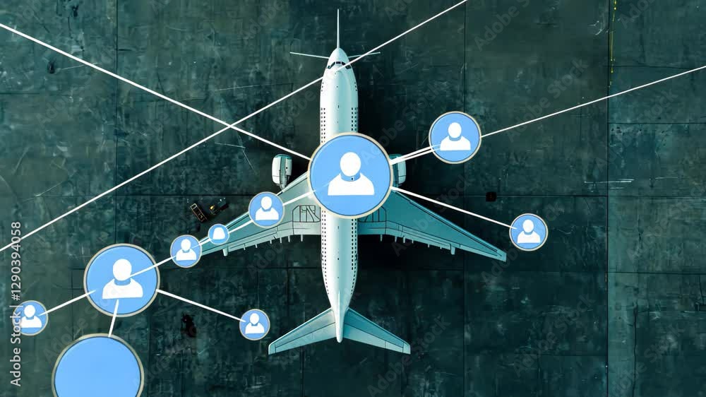 Poster network of connections and data processing surrounding an aircraft at an airport, network of connect