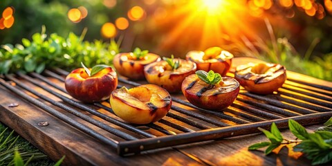 Grilled peaches with charred stripes on a barbecue grill at sunset, surrounded by greenery and rustic wooden accents, nature