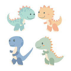 Set of Happy Funny Dino Dinosaur Animal Cartoon Character in Forest