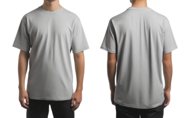 A gray oversized t-shirt mockup on an Asian man, front and back view, isolated on transparent background PNG