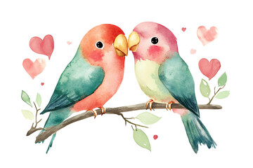 Two colorful birds with hearts, symbolizing love and affection.