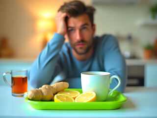 Man at table with tea, lemons, ginger