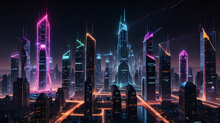 Futuristic city skyline at night, featuring tall skyscrapers 