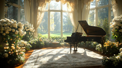 Grand piano in sunlit mansion conservatory, garden view