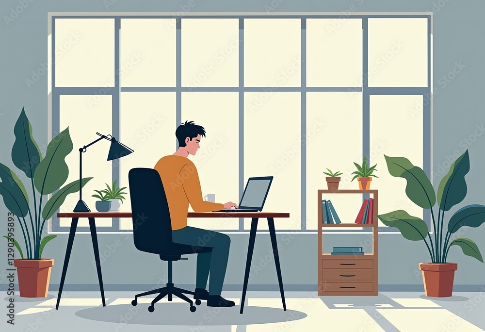 Poster studio worker: a clean and simple vector illustration in stock style, showcasing a worker in a moder