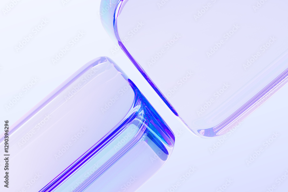 Poster Abstract 3d macro background with crystal glass holographic transparent cube blocks render. Purple blue square plate shapes with rainbow light prism effect, hologram gradient texture. 3D illustration
