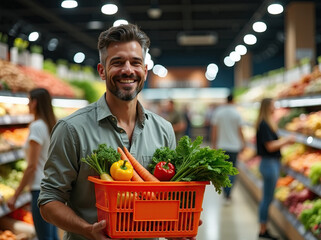 In the photo, a man in a shirt is standing in the vegetable section of a supermarket, carrying a shopping basket full of fresh vegetables, smiling and looking very satisfied. The shopping basket conta
