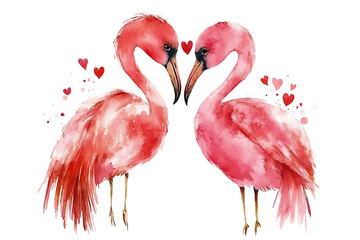 Two pink flamingos facing each other with hearts, symbolizing love and affection.