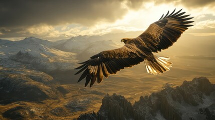 A majestic eagle soaring high in the sky over a vast mountain landscape, with the sun casting dramatic lighting on its wings and body