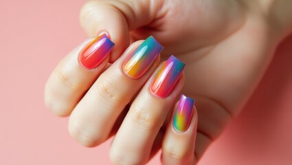 Jelly nails. Rainbow gradient nails female hand close-up, colorful gel