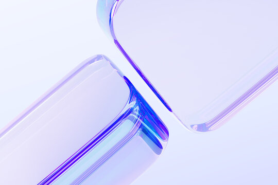 Fototapeta Abstract 3d macro background with crystal glass holographic transparent cube blocks render. Purple blue square plate shapes with rainbow light prism effect, hologram gradient texture. 3D illustration