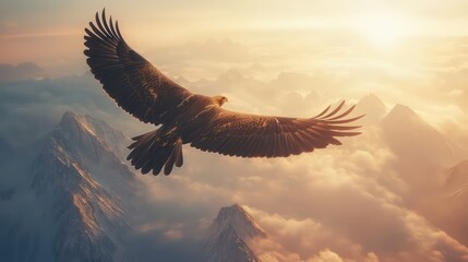 A majestic eagle soaring high in the sky over a vast mountain landscape, with the sun casting dramatic lighting on its wings and body 